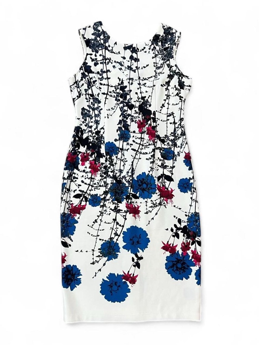 Sleeveless White Floral Sheath Dress with Blue & Magenta Blooms
